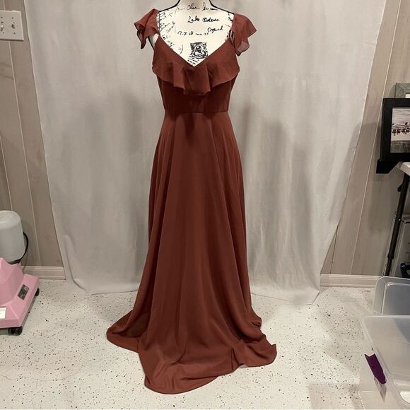 Beautiful Anthropologie Jenny Yoo mauve ruffle cold shoulder maxi dress - Picture 2 of 12